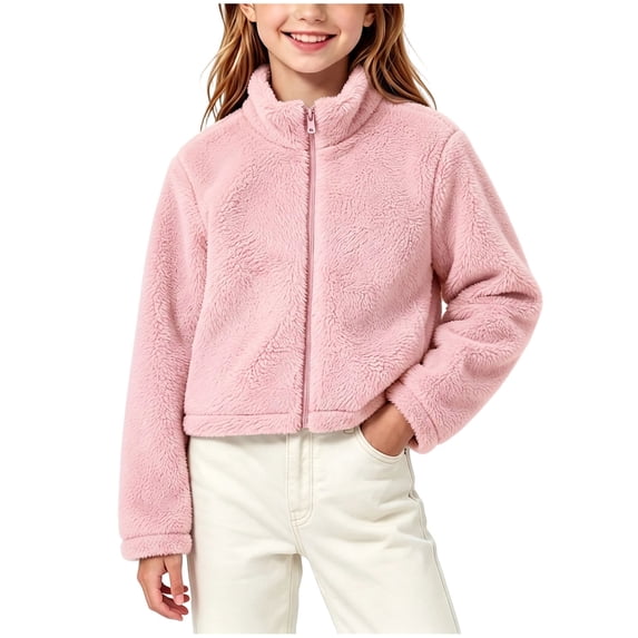 Hurxie Fleece Jacket for Girls, Soft & Cozy Full-Zip Flannel Coat, Winter Warm Stand-Collar Outerwear 9-10 Years