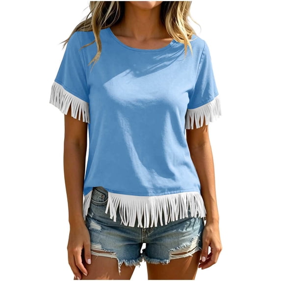 Hurxie Fringe Tops for Women Short Sleeve Top T Shirt Western Cowgirl Cropped Tee Light Blue,L