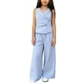 thumbnail image 1 of Hurxie Girl's 2 Piece Striped Outfits Cami Top Wide Leg Pants Ruffle Hem Summer Clothes with 2 Pockets 3-14Y Blue,10-11Years, 1 of 7