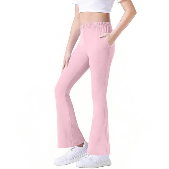 Hurxie Girl's Flare Leggings with Pockets High Waisted Bootcut Yoga Pants Kids Dance Bell Bottoms Leggings Pink,9-10 Years