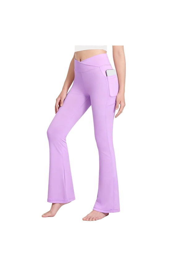 Girl's Flare Leggings with Pockets High Waisted Bootcut Yoga Pants Kids Dance Bell Bottoms Leggings Purple,8 Years