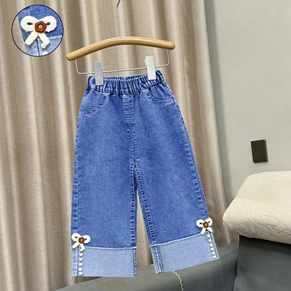 Hurxie Girl's Jeans Baggy Wide Straight Leg High Elastic Waisted Denim Pants Y2k Kid Blue,2-3 Years