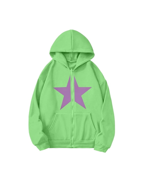 Girl's Y2k Zip Up Hoodies Star Graphic Sweatshirt Cute Jackets Long Sleeve Hooded Sweashirts for Girls Casual Jackets, Streetwear 5-6 Years