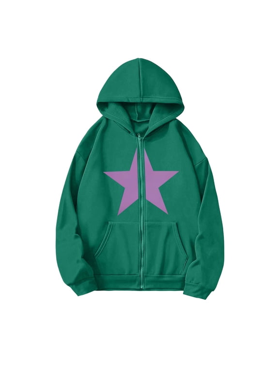 Girl's Y2k Zip Up Hoodies Star Graphic Sweatshirt Cute Jackets Long Sleeve Hooded Sweashirts for Girls Casual Jackets, Streetwear 5-6 Years