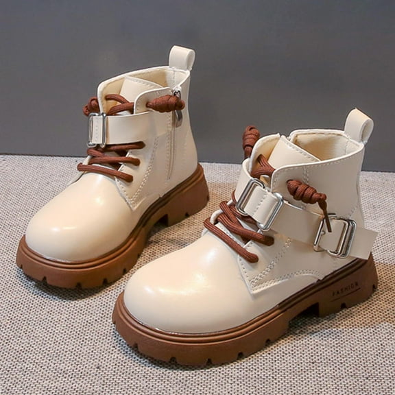 Hurxie Girls Ankle Boots Lace Up Combat Boot Side Zipper Comfortable Boys Boots White 33