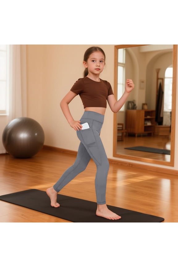 Girls Athletic Leggings High Waist for Kids Teen Girls Yoga Dance Running Gym Pants with Pocket Gray,8 Years