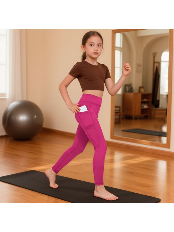 Girls Athletic Leggings High Waist for Kids Teen Girls Yoga Dance Running Gym Pants with Pocket Hot Pink,4 Years