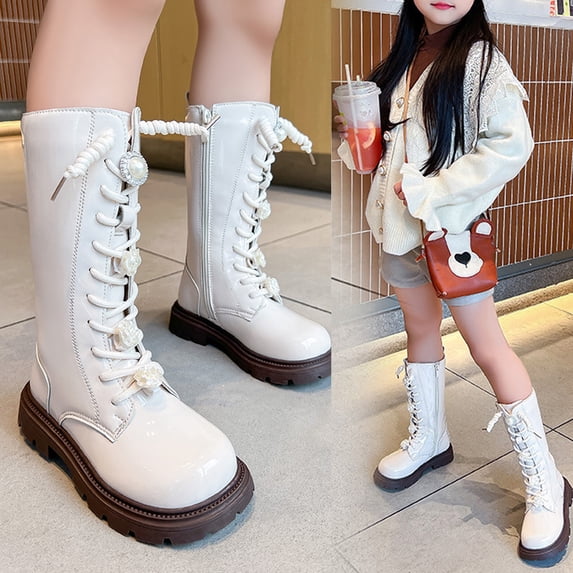Hurxie Girls Boots PU Leather Platform Boots for Knee High Leather Combat Riding Boot Lug Sole Chunky Heels Shoes Side Zipper Punk Goth Lug Sole Ankle Booties Beige 26