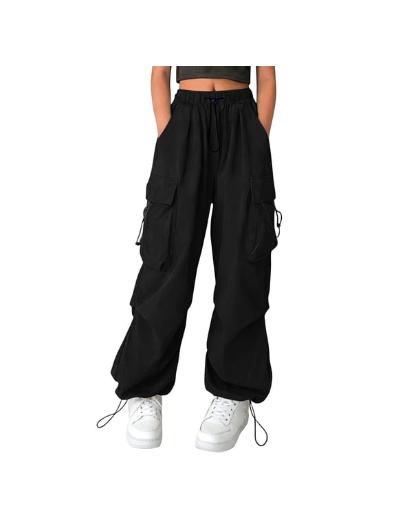 Girls Cargo Pants Elastic Waist Drawstring with Pockets Pants Black,10-11Years