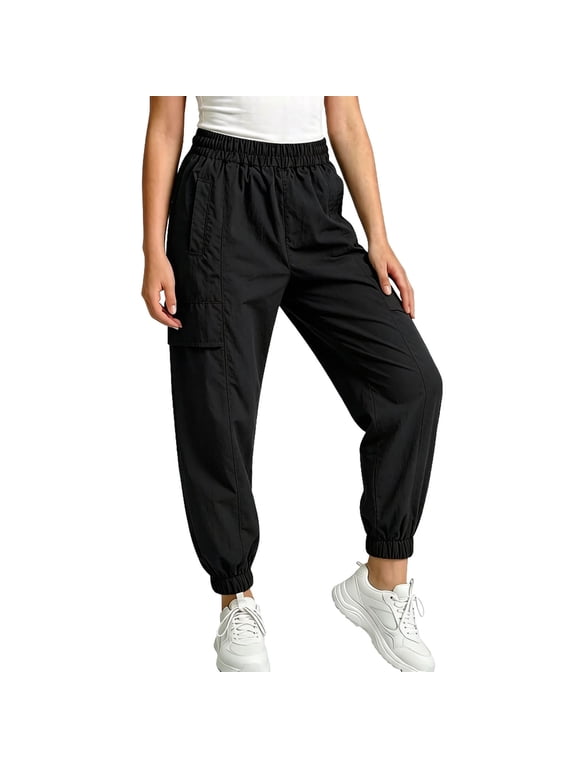 Girls Cargo Pants Elastic Waist Wide Leg Jogger Pants Pockets Parachute Pants Y2K Trousers Black,5-6Years