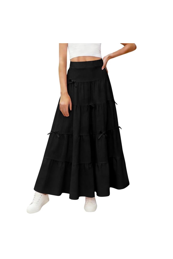 Girls Casual Vintage Solid Elastic High Waist Tiered Hem Long Swing Linen Maxi Skirt Black,4-5Years