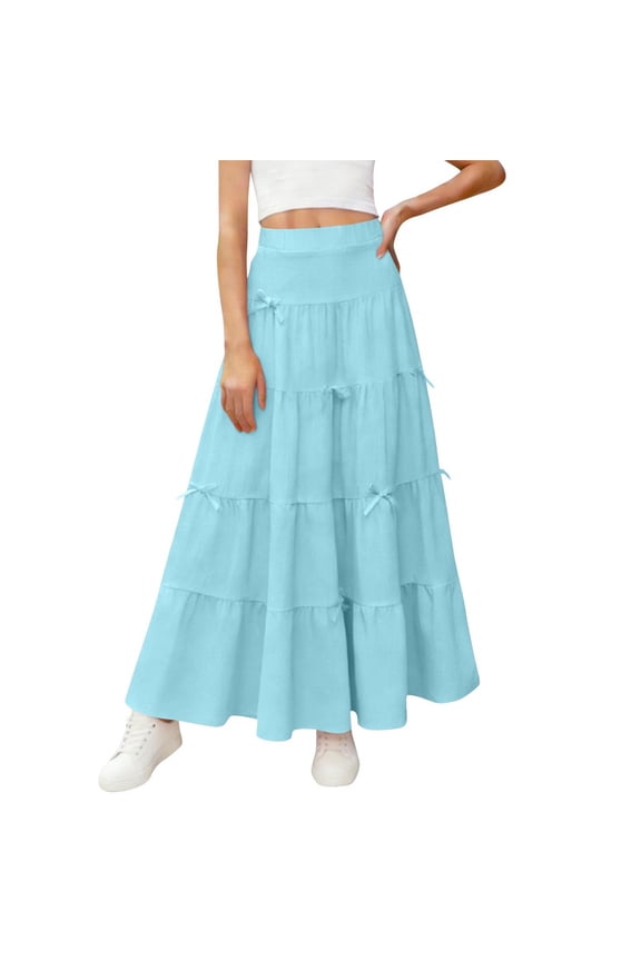 Girls Casual Vintage Solid Elastic High Waist Tiered Hem Long Swing Linen Maxi Skirt Blue,14-15Years