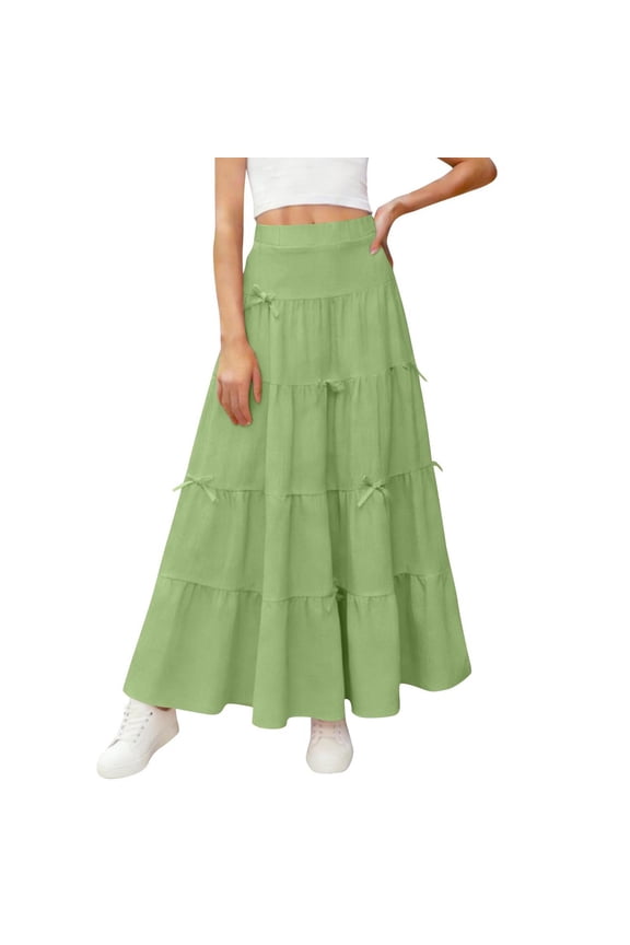 Girls Casual Vintage Solid Elastic High Waist Tiered Hem Long Swing Linen Maxi Skirt Green,4-5Years