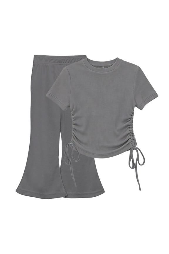 Girls Clothing Sets Kids Fashion Short Sleeve Crew Neck Tops Wide Leg Pants Sweatsuit with Pocket Dark Gray,9-10Years