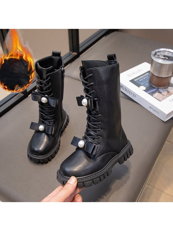 Girls Combat Boots Steampunk Combat Boots Chunky Mid Calf Boots Lug Sole Lace up Side Zipper Outdoor Riding Boots Winter Snow Boots(Toddler/Little Kid/Big Kid) Black 30