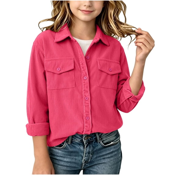 Hurxie Girls Corduroy Button Down Shirt Long Sleeve Spring Fall | for Layering, Lightweight Shacket-Style Look, Western-Inspired Details, Snap Buttons 6-7 Years