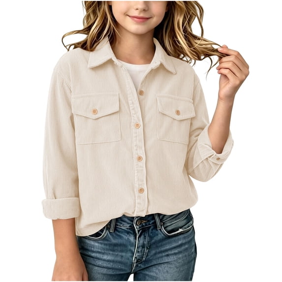 Hurxie Girls Corduroy Button Down Shirt Long Sleeve Spring Fall | for Layering, Lightweight Shacket-Style Look, Western-Inspired Details, Snap Buttons 6-7 Years