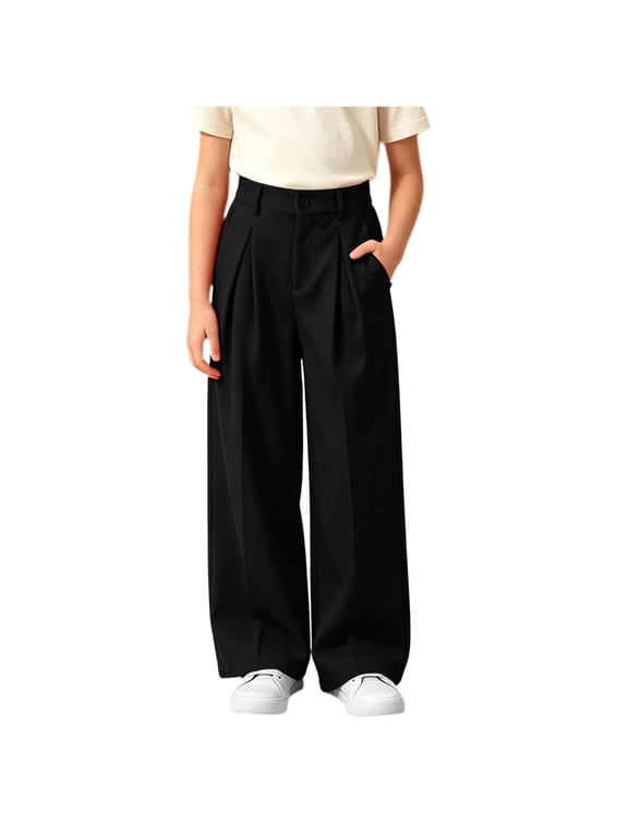 Girls Dress Pants Wide Leg Uniform Slacks Girl Preppy School Trousers Lightweight School Uniform Slacks with Elastic Waist for Teens