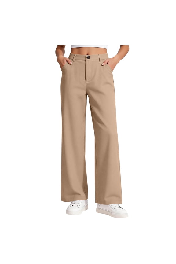 Girls Dress School Pants 5-15Y High Waist Straight Leg Uniform Pants Casual Preppy Trousers with Pockets Khaki,5-6Years