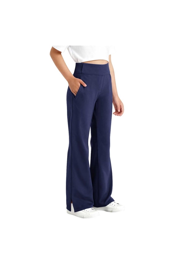 Girls Flare Leggings Split Hem Elastic Yoga Kids Casual Bell Bottoms Pants Navy,10-11 Years