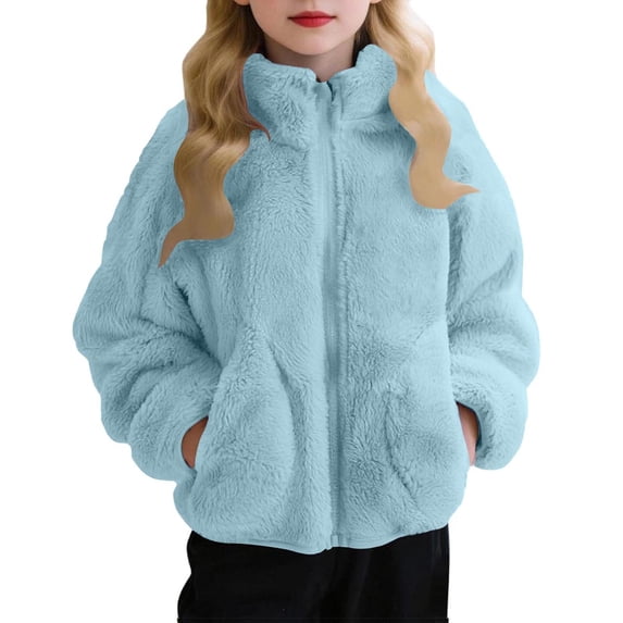 Hurxie Girls Fleece Jacket Sherpa Zip Up Outwear Fuzzy Fall Winter Coat with Pockets for Kids 3 Years