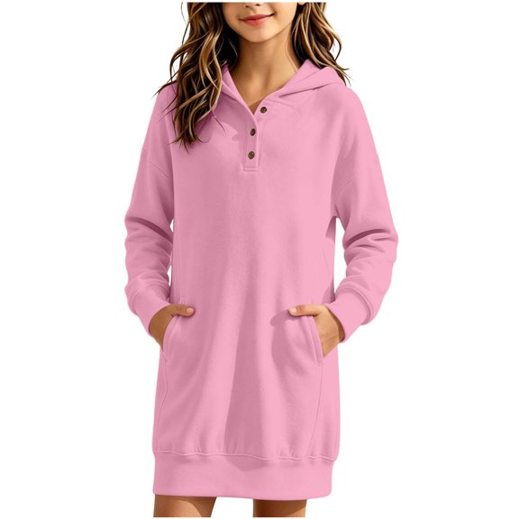 Hurxie Girls Hoodies Kids Long Pullover Hooded Sweatshirt Long hoodies for Girls Hoodie Dress with Pockets 10-11Years