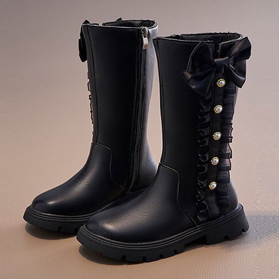 Hurxie Girls Knee High Boots Winter Warm Combat Riding Boots with Side Zipper Fashion School Shoes Comfortable Tall Boots Black 27