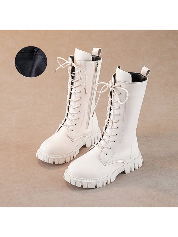 Girls Lace Up Riding Boots Mid Calf Combat Boot PU Leather Side Zipper Punk Goth Boot White 33