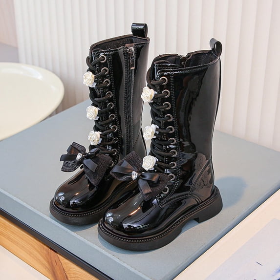 Hurxie Girls Lace Up Riding Boots Mid Calf Combat Boots PU Leather Side Zipper Punk Goth Boot Non Slip Girls White Booties Black 35