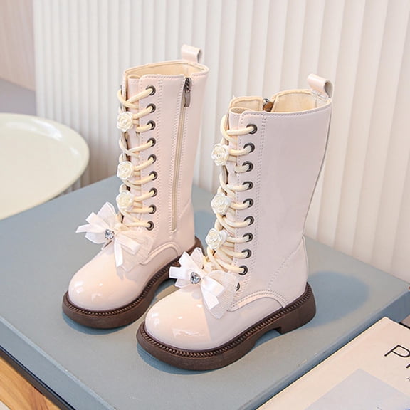 Hurxie Girls Lace Up Riding Boots Mid Calf Combat Boots PU Leather Side Zipper Punk Goth Boot Non Slip Girls White Booties White 27