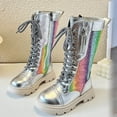 thumbnail image 1 of Hurxie Girls Lace Up Riding Combat Boots Fall Kids Mid Calf Shoes PU Leather Side Zipper Cowboy Punk Cute Goth Boot Silver 29, 1 of 8