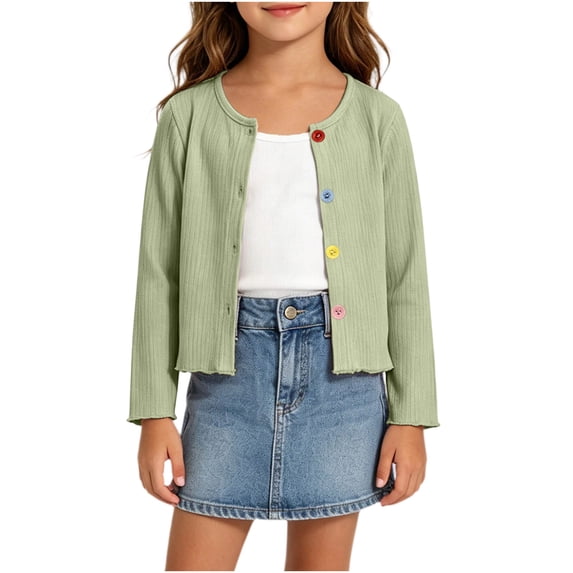 Hurxie Girls Long Sleeve Cardigan Sweaters Scalloped Edge Button Down Cardigans Button Up Knitted Sweater Outerwear 6-7 Years