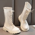 thumbnail image 1 of Hurxie Girls Mesh Hollow Boots Girls White Combat Boots Mid Calf Lace Up Riding Boots Fashion PU Leather Side Zipper Punk Goth Boot for Kids Beige 32, 1 of 9