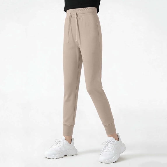 Hurxie Girls' School Uniform Pants Loose Leggings Casual Joggers Active Sweatpants with Pockets for Kids Khaki,7-8 Years