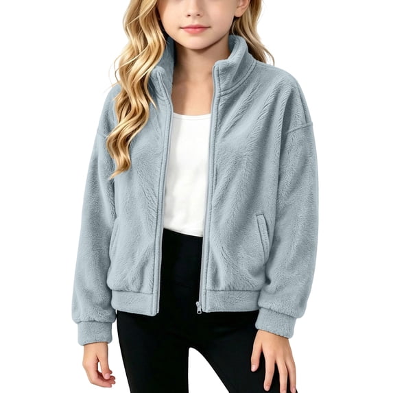 Hurxie Girls Sherpa Jacket Fleece Coat Full Zip Outerwear with Pockets Fuzzy Fall Winte Warm Stand-up Collar Kids Clothes 12-13 Years