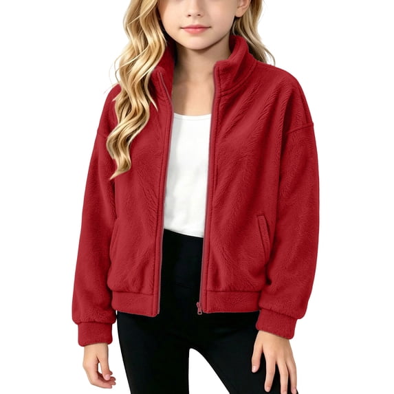 Hurxie Girls Sherpa Jacket Fleece Coat Full Zip Outerwear with Pockets Fuzzy Fall Winte Warm Stand-up Collar Kids Clothes 6-7 Years