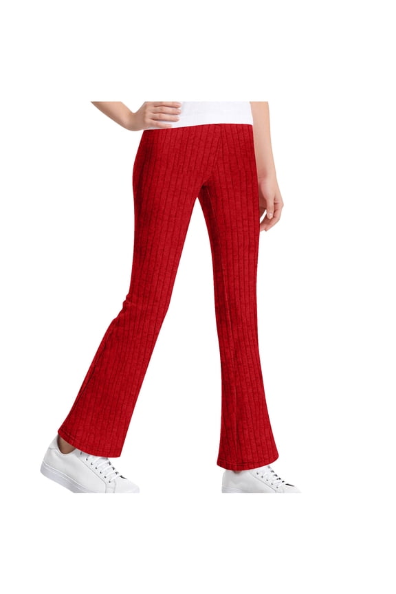 Girls Solid Rib Knit Wide Leg Pants Elastic Waist Flowy Casual Sweater Pants Red,5-6 Years