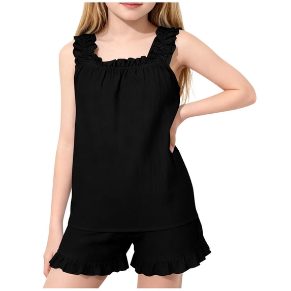 Hurxie Girls Summer Outfit Sleeveless Ruffle Top and Elastic Shorts Set Kids Short Set Black,7-8 Years