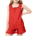 thumbnail image 1 of Hurxie Girls Summer Outfit Sleeveless Ruffle Top and Elastic Shorts Set Kids Short Set Red,11-12 Years, 1 of 7
