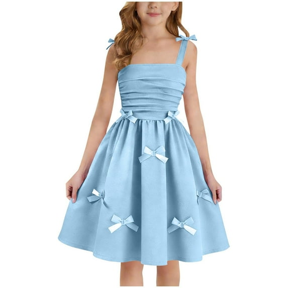 Hurxie Girls Summer Sleeveless Bow-Tie Straps Sundress Tiered Lace Swing Midi Dress Blue,8-9Years