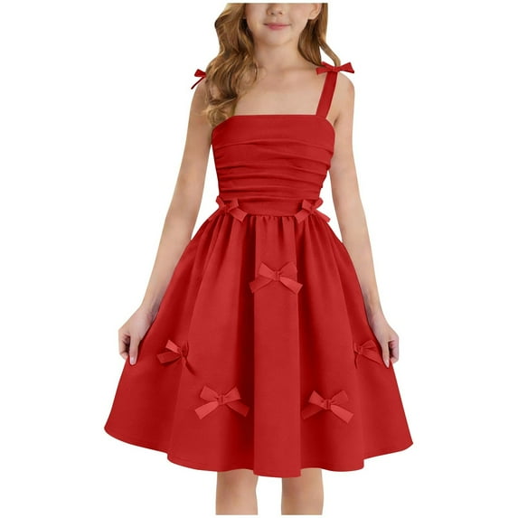 Hurxie Girls Summer Sleeveless Bow-Tie Straps Sundress Tiered Lace Swing Midi Dress Red,150