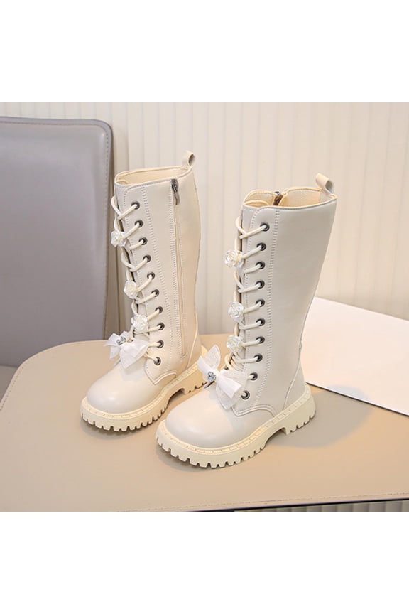 Girls White Lace-UpCombat Boots with Side Zipper, Knee-High Lug Sole Dress/School Boots – Little/Big Kids White 32