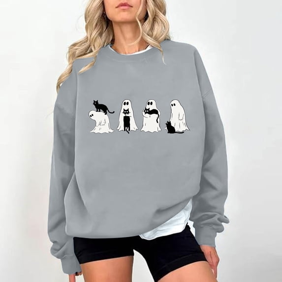 Hurxie Halloween Ghost Sweatshirt Womens Cute Ghost Cat Graphic Pullover Tops Spooky Season Shirt Casual Shirt Gray,2XL