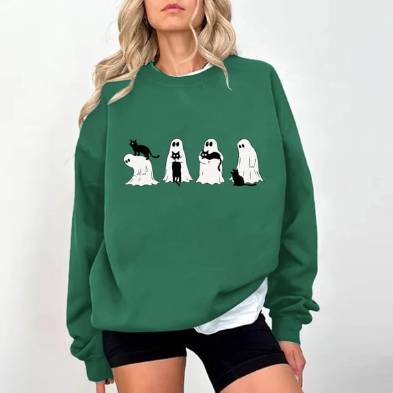 Hurxie Halloween Ghost Sweatshirt Womens Cute Ghost Cat Graphic Pullover Tops Spooky Season Shirt Casual Shirt Green,L