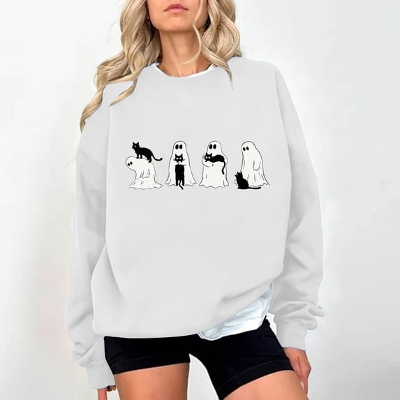 Hurxie Halloween Ghost Sweatshirt Womens Cute Ghost Cat Graphic Pullover Tops Spooky Season Shirt Casual Shirt White,L