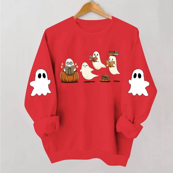 Hurxie Halloween Sweatshirts for Women Ghost Reading Books Sweater Cute Spooky Bookish Shirt Fall Pullover Tops Red,L