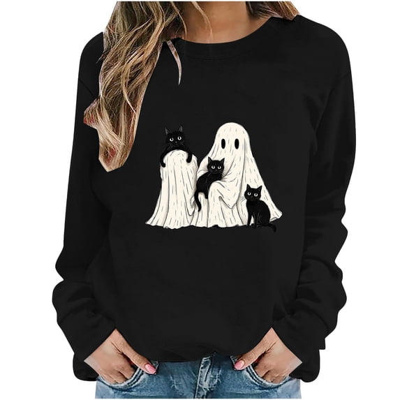 Hurxie Halloween Women Sweatshirt Funny Graphic Pullover Crewneck Long Sleeve Fall Shirts Top