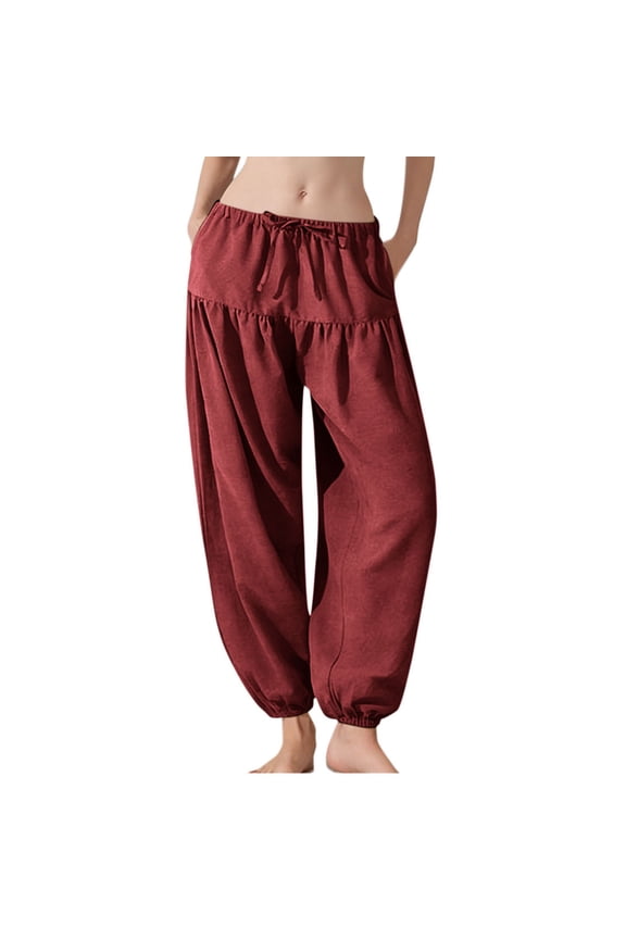 Harem Pants Women Yoga Boho Clothes with Pockets Wine L