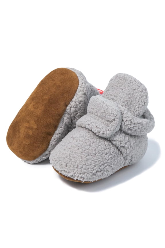 Infant Baby Boy Girl Cozy Fleece Bootie Newborn Stay On Slipper Winter Warm Gripper Non-Slip Crib Shoes Gray 12 Months