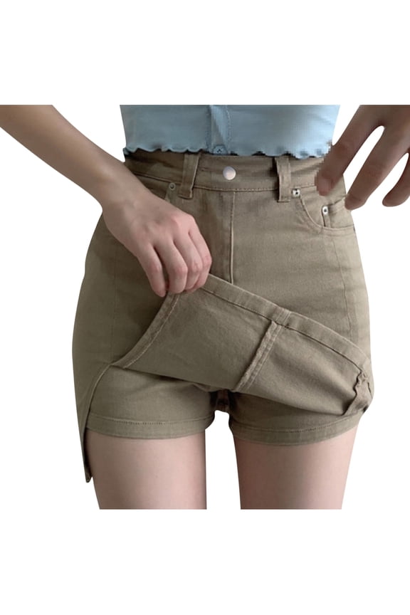 Jean Skorts for Woman High Waisted Trendy Slit Stretchy Denim Skirt with Shorts Y2K Casual Summer Skorts Skirts Khaki,L